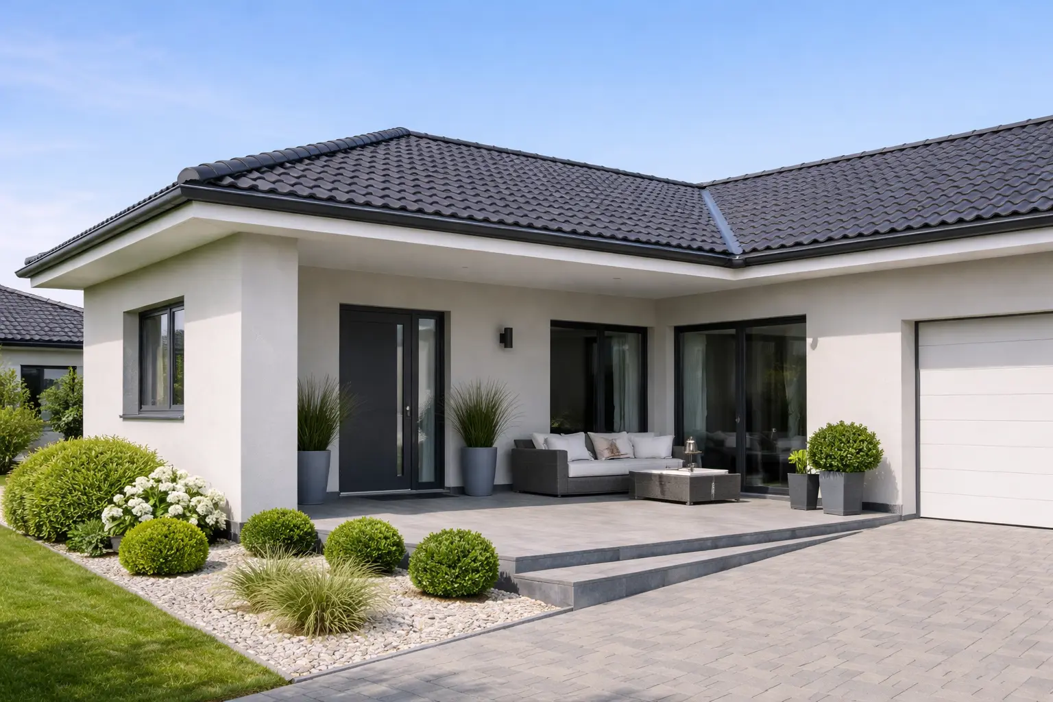 Pilkas modernus namo fasadas